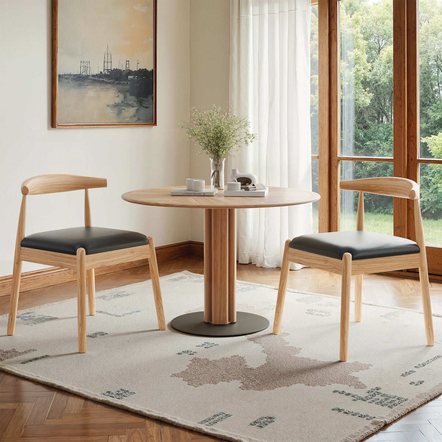 Farini Mid-Century Dining Chairs Set of 2, Solid Wood Frame & PU Leather Upholstered Seats, Nature-Black