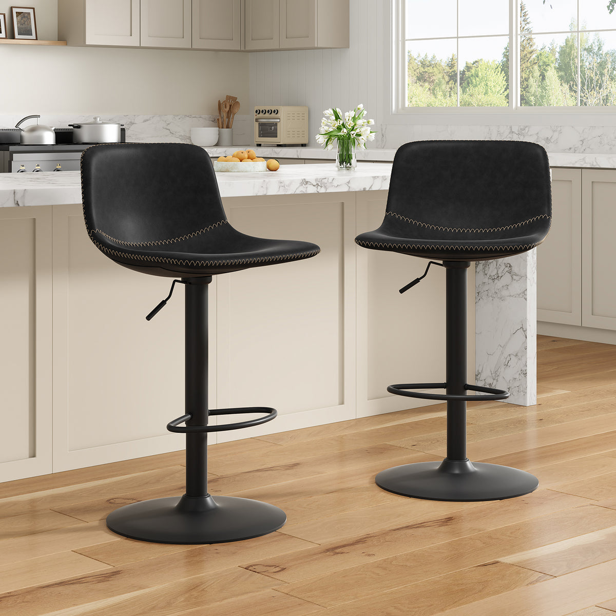 Farini Adjustable Bar Stools Set of 2, Modern Swivel Bar Stools, Bar Height Stools with Back Support, Pu Leather Bar Stool for Kitchen Island Counter