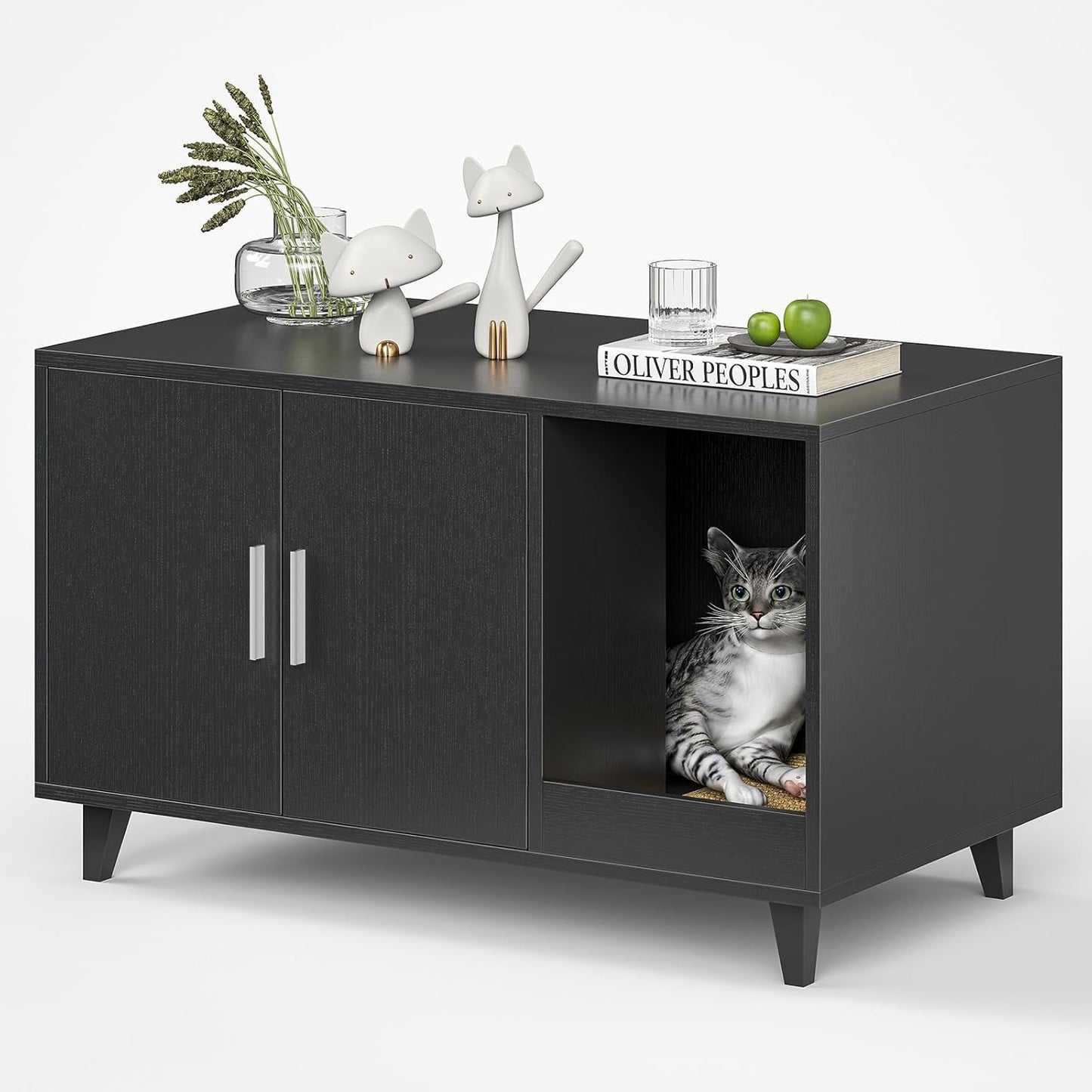 Farini Hidden Cat Litter Box Enclosure Furniture with Scratching Mat, Black