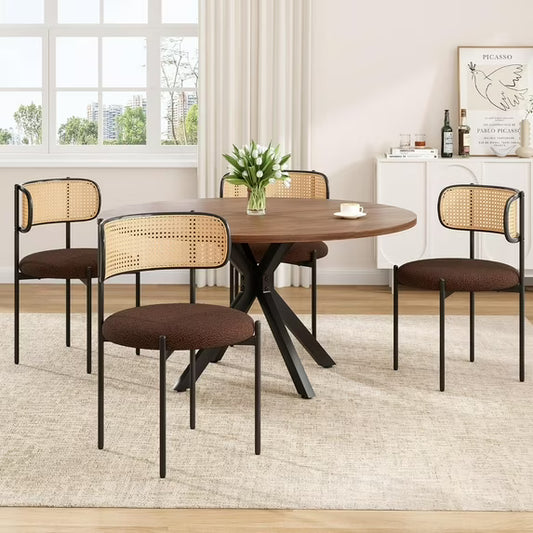 Farini Mid-Century Modern Dining Set, 47" Round Wood Kitchen Table & 4 Upholstered Chairs, Seats 4-6, for Kitchen, Dining Room, Walnut