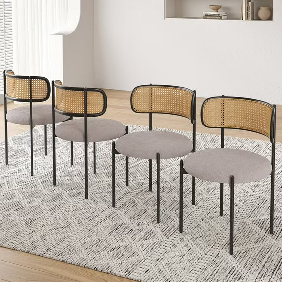 Farini Upholstered Dining Chair Set of 4, Rattan Backrest Kitchen Chair, Light Grey