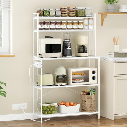 Farini 39" Kitchen Bakers Rack with Electrical Outlets, 5-Tier Microwave Stand & Coffee Bar Station with Storage for Kitchen Island, White