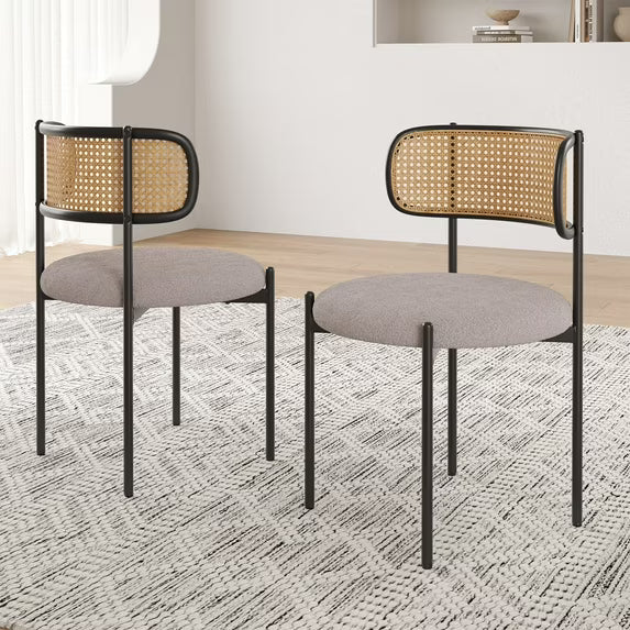 Farini Upholstered Dining Chair Set of 2, Rattan Backrest Kitchen Chair, Light Grey