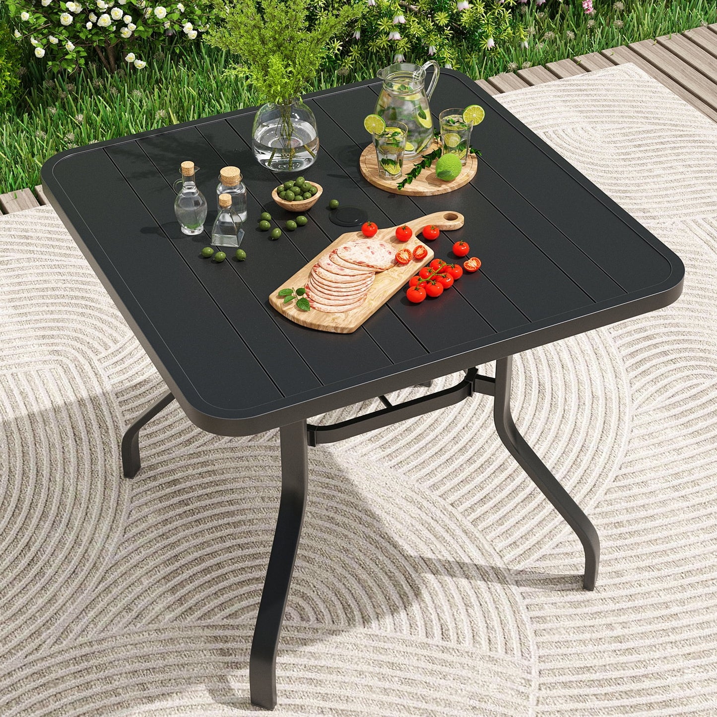 Farini Patio Dining Table, Square Outdoor Dining Table with 1.57" Umbrella Hole for Patio Graden Backyard and Poolside
