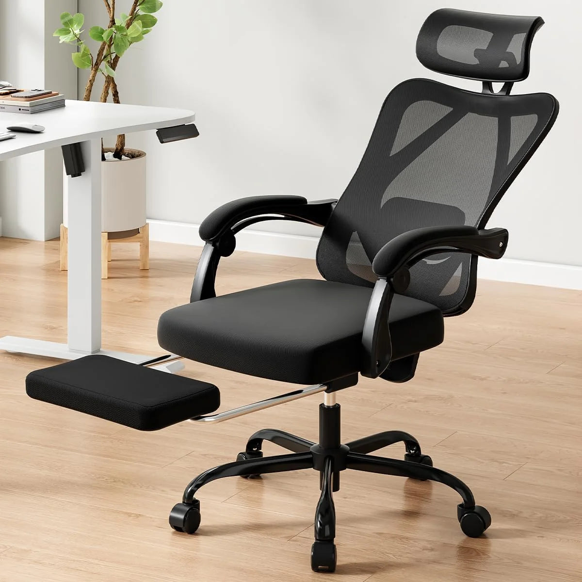 Farini Ergonomic Office Chair with Footrest, Mesh Office Desk Chair with Headrest, High Back Computer Chair with Adjustable Lumbar Support for Home Office Study Room Bedroom