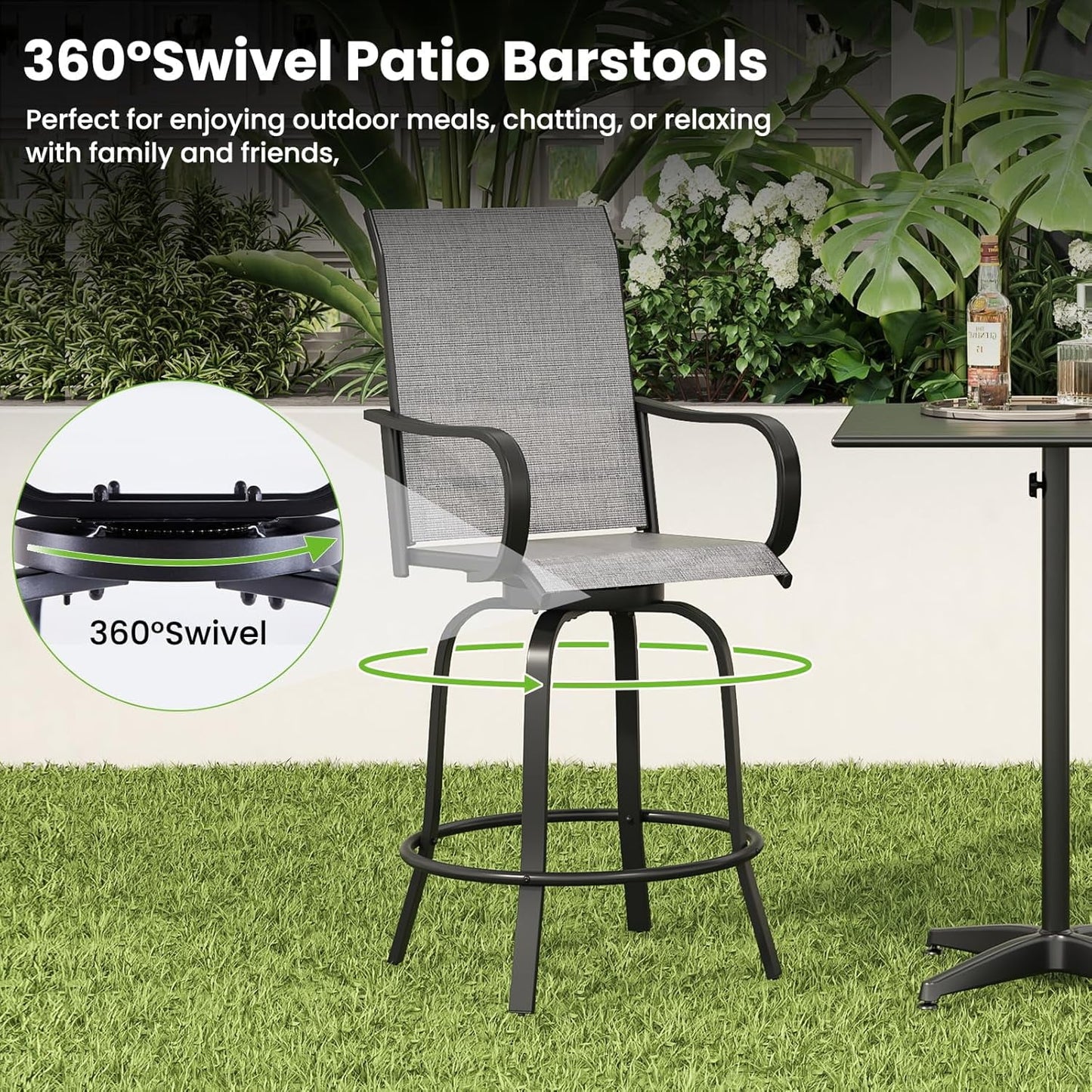 Farini Outdoor Bar Stools Set, 360°Swivel Patio Barstools with Textile Fabric,Ergonomic Comfort Bar Height Tall Outdoor Stools for Balcony