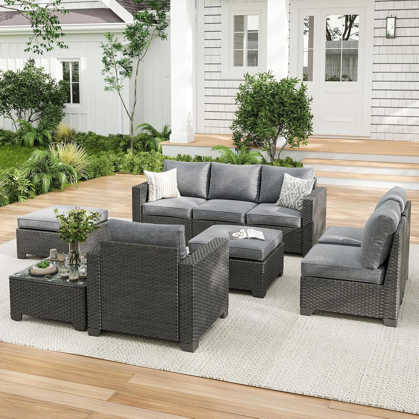 Farini Outdoor Wicker conversation sets, (4,7,9 Pieces) Patio Furniture Sofa Set with Coffee Table, All Weather for Garden, Backyard, Balcony