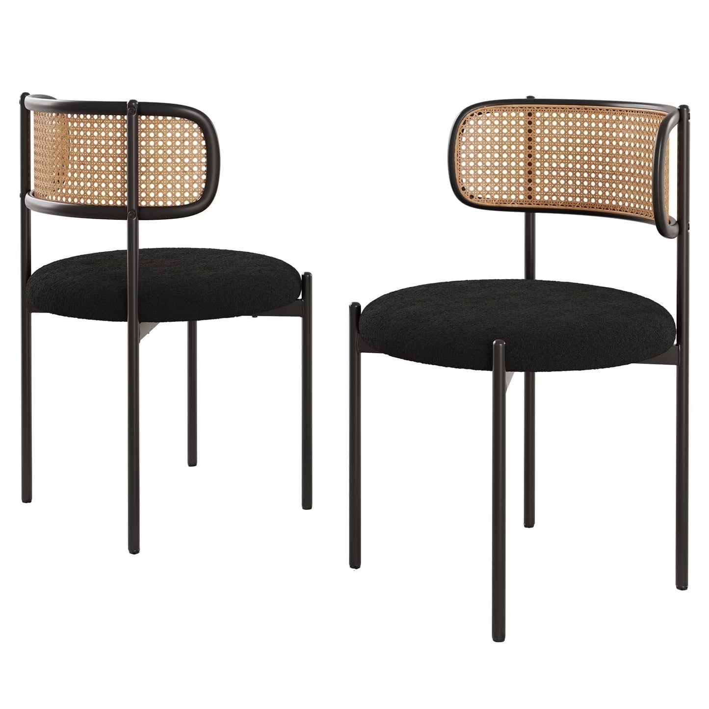 Farini Upholstered Dining Chair Set of 2, Rattan Backrest Kitchen Chair, Black