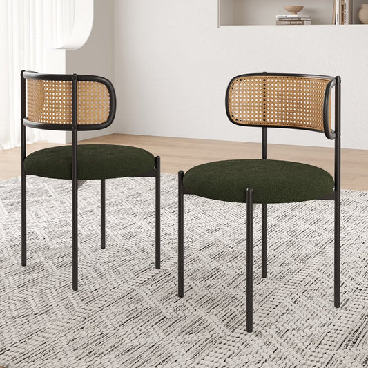 Farini Upholstered Dining Chair Set of 2, Rattan Backrest Kitchen Chair, Green