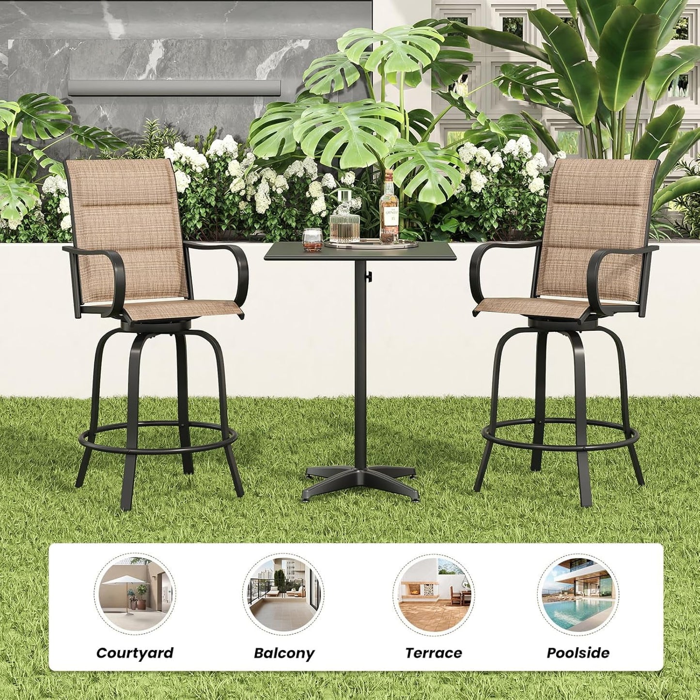 Farini Outdoor Bar Stools Set, 360°Swivel Patio Barstools with Textile Fabric,Ergonomic Comfort Bar Height Tall Outdoor Stools for Balcony