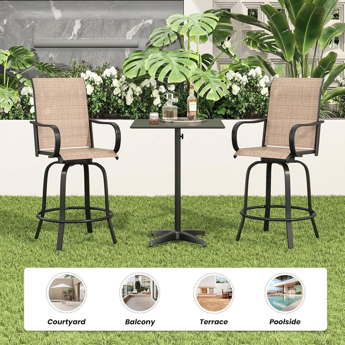 Farini Outdoor Bar Stools Set, 360°Swivel Patio Barstools with Textile Fabric,Ergonomic Comfort Bar Height Tall Outdoor Stools for Balcony