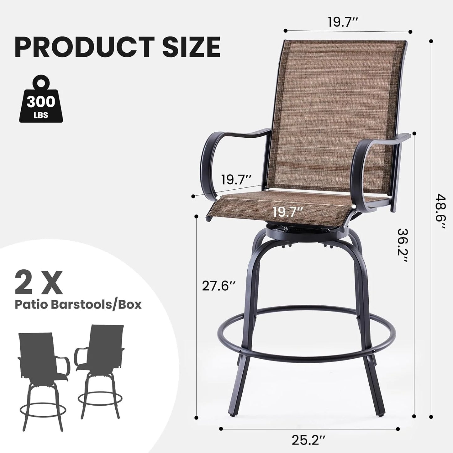 Farini Outdoor Bar Stools Set, 360°Swivel Patio Barstools with Textile Fabric,Ergonomic Comfort Bar Height Tall Outdoor Stools for Balcony