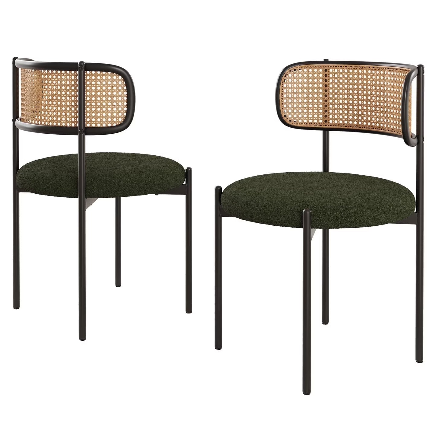 Farini Upholstered Dining Chair Set of 2, Rattan Backrest Kitchen Chair, Green