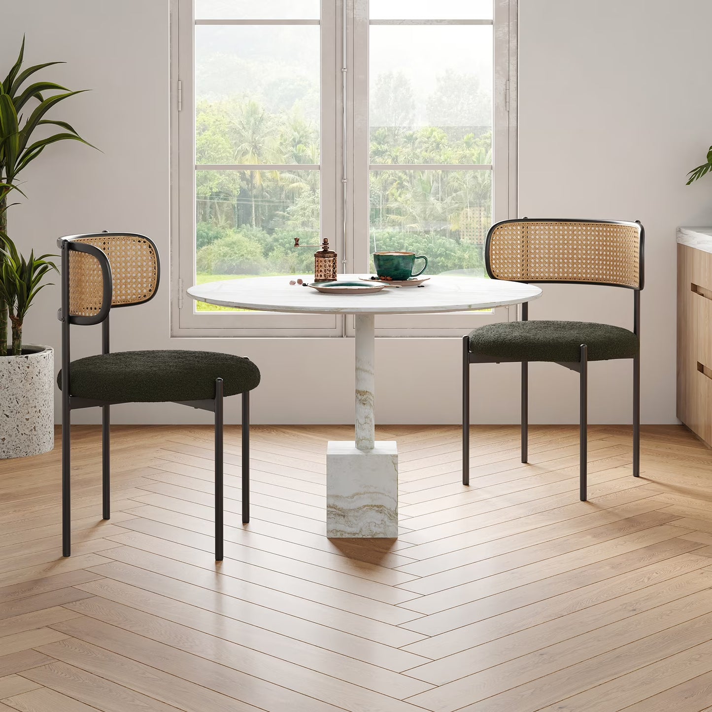 Farini Upholstered Dining Chair Set of 2, Rattan Backrest Kitchen Chair, Green