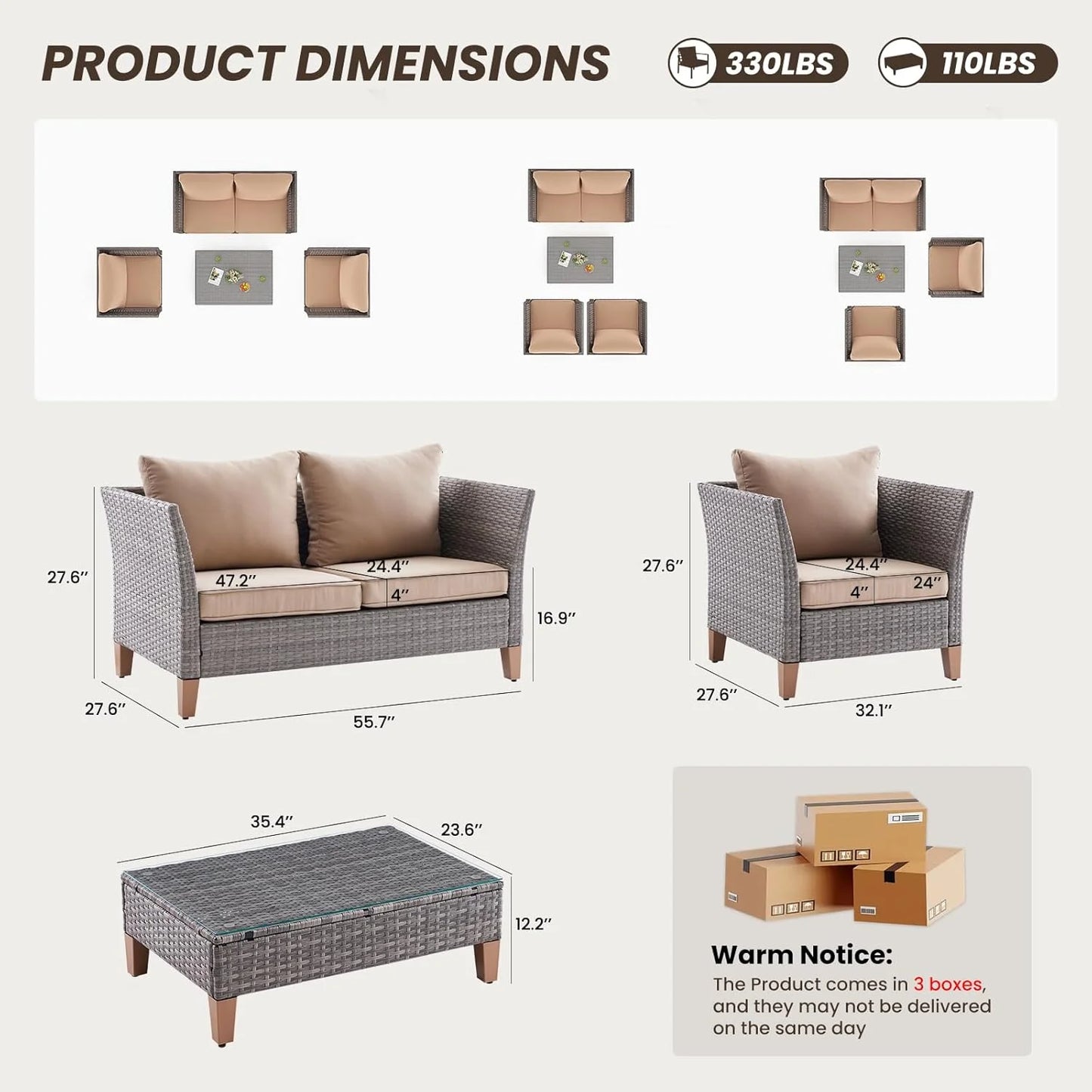 Farini Outdoor Wicker conversation sets, (4,7,9 Pieces) Patio Furniture Sofa Set with Coffee Table, All Weather for Garden, Backyard, Balcony
