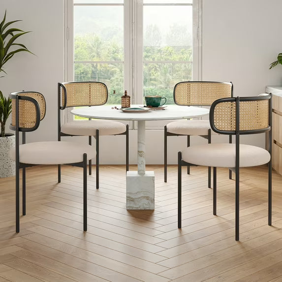 Farini Upholstered Dining Chair Set of 2, Rattan Backrest Kitchen Chair, Light Brown