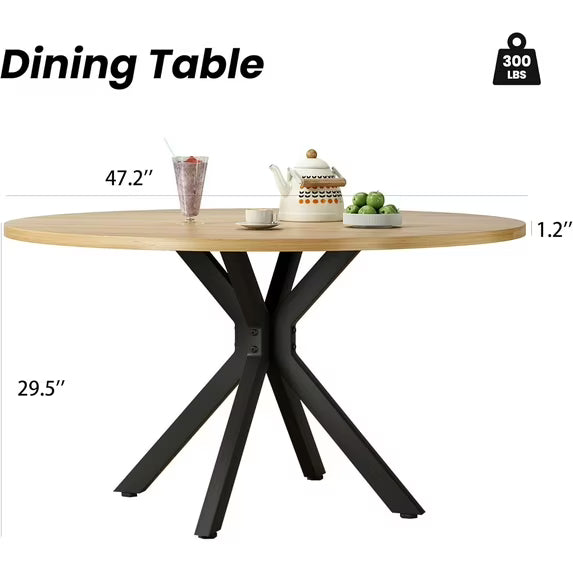 Farini Mid-Century Modern Dining Set, 47" Round Wood Kitchen Table & 4 Upholstered Chairs, Seats 4-6, for Kitchen, Dining Room, Nature