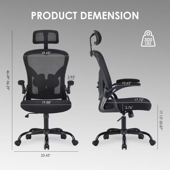 Farini Ergonomic Office Chair, Home Office Desk Chair with Headrest, High Back Computer Chair with Armrests and Adjustable Lumbar Support.for Home Office Study Room Bedroom, Black & Black