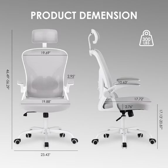 Farini Ergonomic Office Chair, Home Office Desk Chair with Headrest, High Back Computer Chair with Armrests and Adjustable Lumbar Support.for Home Office Study Room Bedroom, White & Gray