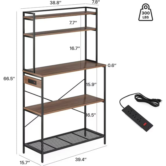 Farini 39" Kitchen Bakers Rack with Electrical Outlets, 5-Tier Microwave Stand & Coffee Bar Station with Storage for Kitchen Island, Walnut