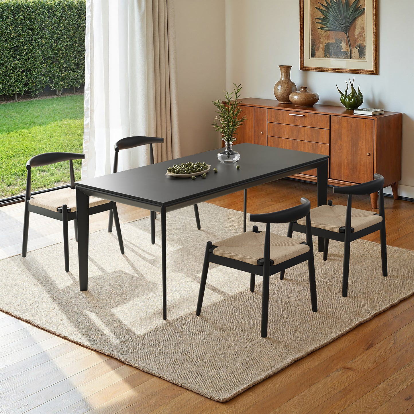 Farini Mid-Century Dining Chairs Set of 2, Solid Wood Frame & Woven Leather Seats, Black-Beige