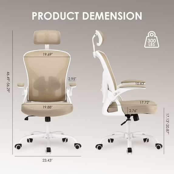 Farini Ergonomic Office Chair, Home Office Desk Chair with Headrest, High Back Computer Chair with Armrests and Adjustable Lumbar Support for Home Office Study Bedroom, White & Khaki