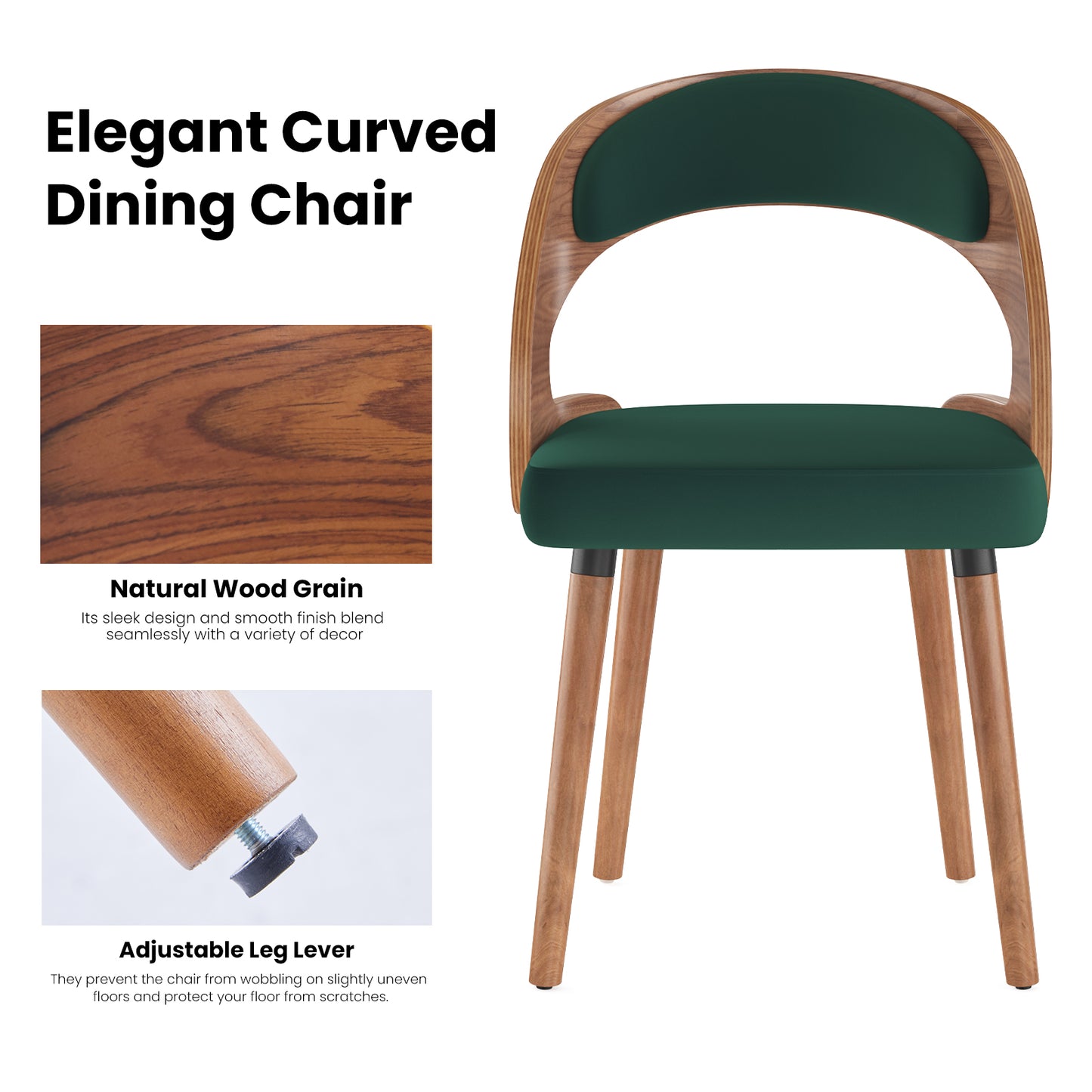 Farini Set of 2 Wood Dining Chairs with Curved Backrest for Kitchen Dining Room, Dark Green