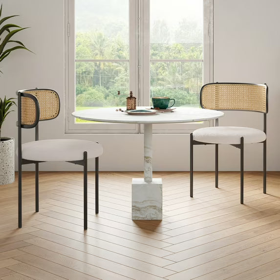 Farini Upholstered Dining Chair Set of 2, Rattan Backrest Kitchen Chair, Beige