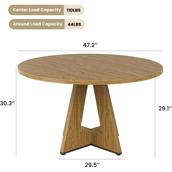 Farini 47" Round Dining Table,Wooden Kitchen Table with Metal Base, Seats 4–7, for Dining Room, Kitchen & Living Room, Walnut
