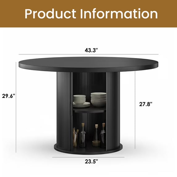 Farini 43" Round Dining Table, Modern Wood Kitchen Table with Hidden Storage & Metal Base, Seats 4, for Dining Room or Kitchen, Black