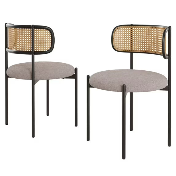 Farini Upholstered Dining Chair Set of 2, Rattan Backrest Kitchen Chair, Light Grey