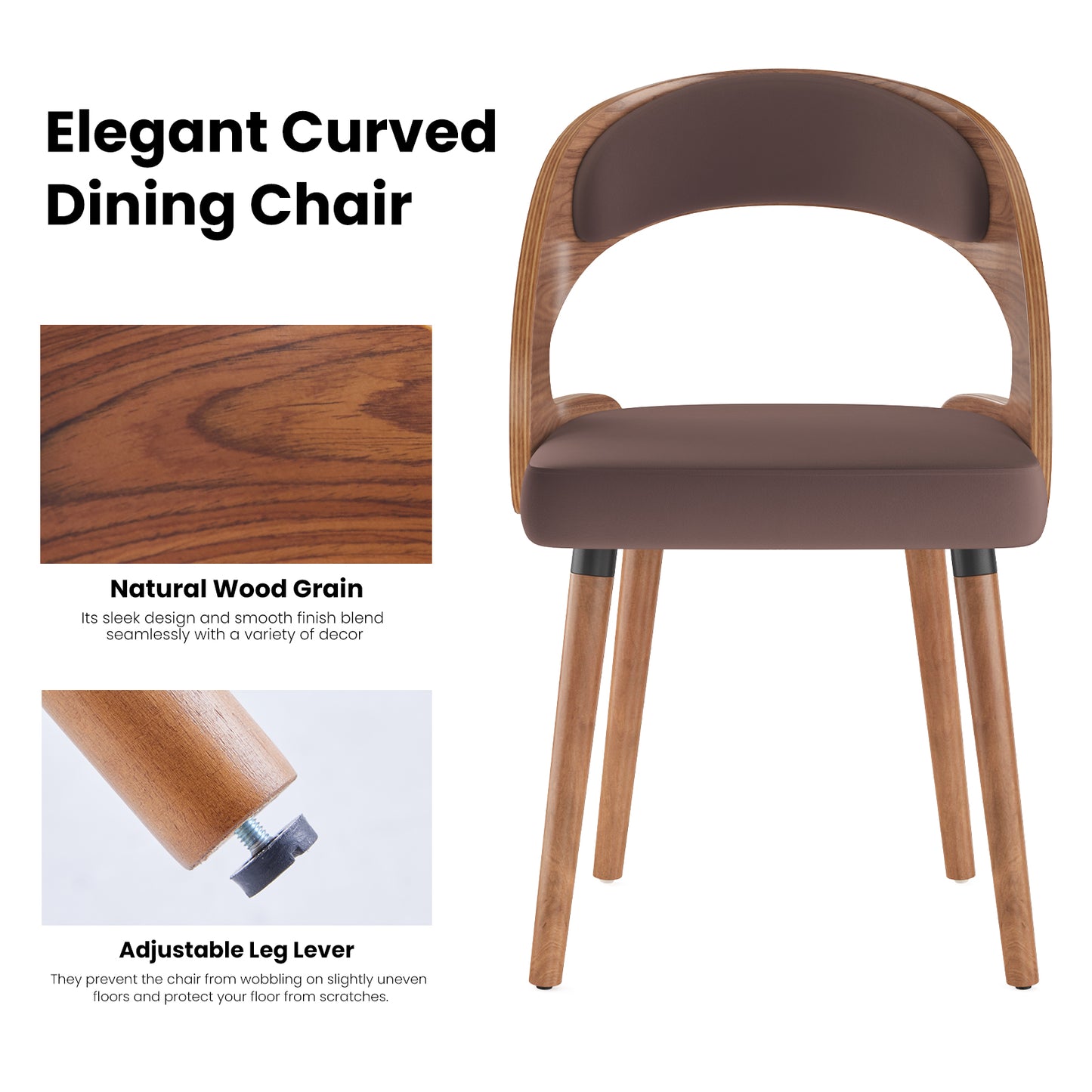 Farini Set of 2 Wood Dining Chairs with Curved Backrest for Kitchen Dining Room, Dark Brown