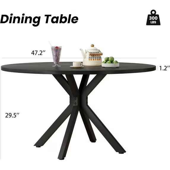 Farini 47" Round Dining Table, Mid-Century Modern Wood Table with Metal Base, Seats 4-6, for Kitchen or Dining Room, Black