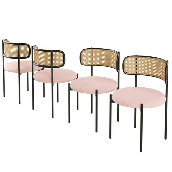 Farini Upholstered Dining Chair Set of 4, Rattan Backrest Kitchen Chair, Pink