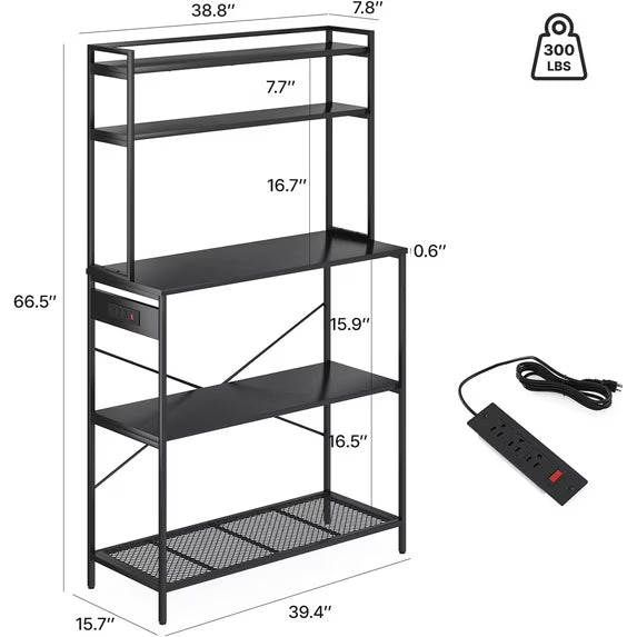 Farini 39" Kitchen Bakers Rack with Electrical Outlets, 5-Tier Microwave Stand & Coffee Bar Station with Storage for Kitchen Island, Black