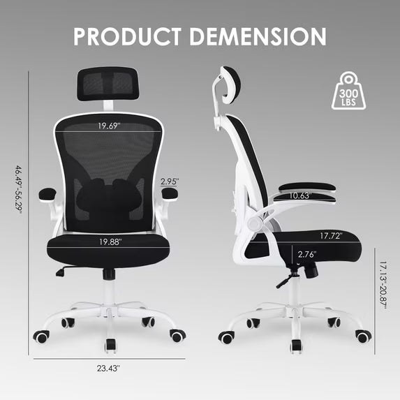 Farini Ergonomic Office Chair, Home Office Desk Chair with Headrest, High Back Computer Chair with Armrests and Adjustable Lumbar Support for Home Office Study Room Bedroom, White & Black