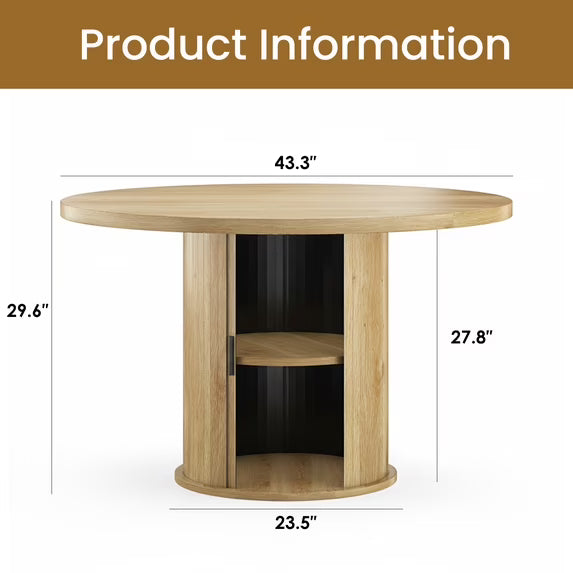 Farini 43" Round Dining Table, Modern Wood Kitchen Table with Hidden Storage & Metal Base, Seats 4, for Dining Room or Kitchen, Natural