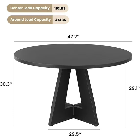 Farini 47" Round Dining Table,Wooden Kitchen Table with Metal Base, Seats 4–7, for Dining Room, Kitchen & Living Room, Black