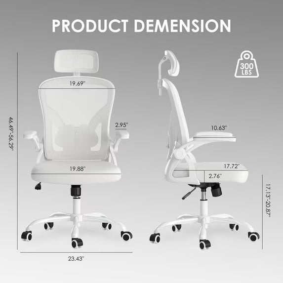 Farini Ergonomic Office Chair, Home Office Desk Chair with Headrest, High Back Computer Chair with Armrests and Adjustable Lumbar Support for Home Office Study Room, White & White