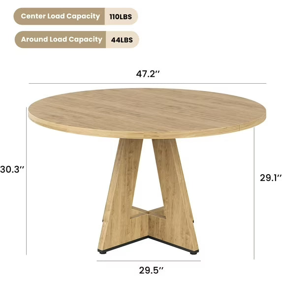 Farini 47" Round Dining Table,Wooden Kitchen Table with Metal Base, Seats 4–7, for Dining Room, Kitchen & Living Room, Natural
