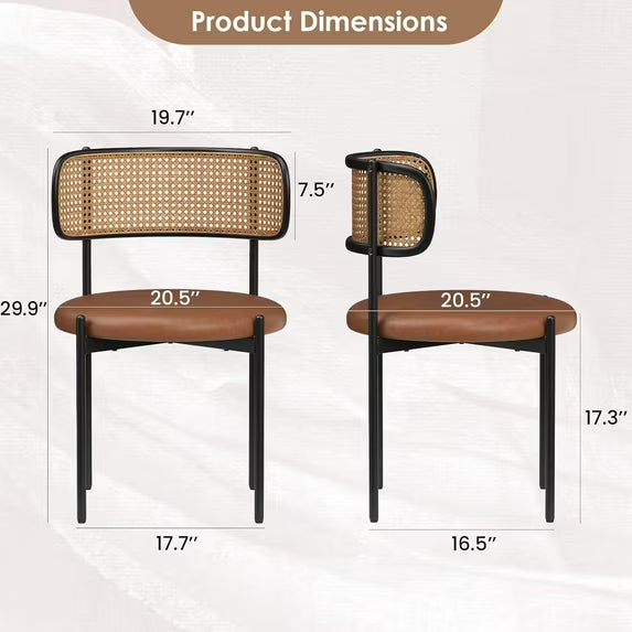 Farini Dining Chairs Set of 4, Upholstered PU Leather & Woven Rattan Side Chairs with Metal Legs for Kitchen, Dining Room, or Cafe, Brown