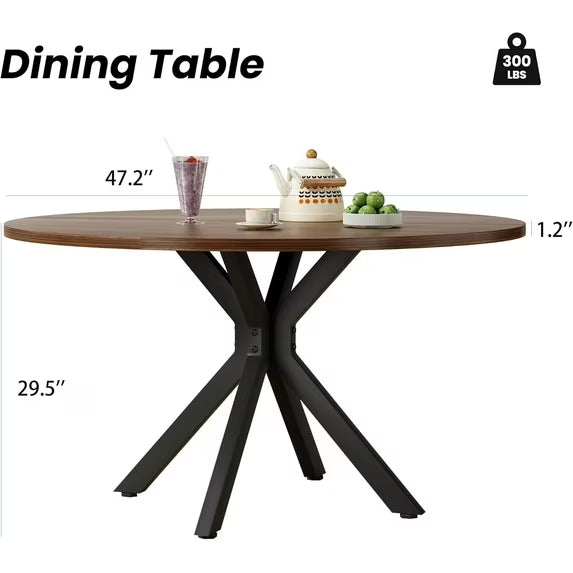 Farini 47" Round Dining Table, Mid-Century Modern Wood Table with Metal Base, Seats 4-6, for Kitchen or Dining Room, Walnut