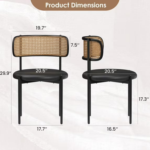 Farini Dining Chairs Set of 2, Upholstered PU Leather & Woven Rattan Side Chairs with Metal Legs for Kitchen, Dining Room, or Cafe, Black