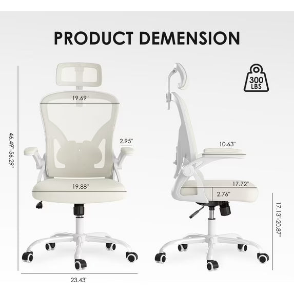 Farini Ergonomic Office Chair, Home Office Desk Chair with Headrest, High Back Computer Chair with Armrests and Adjustable Lumbar Support for Home Office Study Room, White & Beige