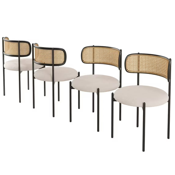 Farini Upholstered Dining Chair Set of 4, Rattan Backrest Kitchen Chair, Beige