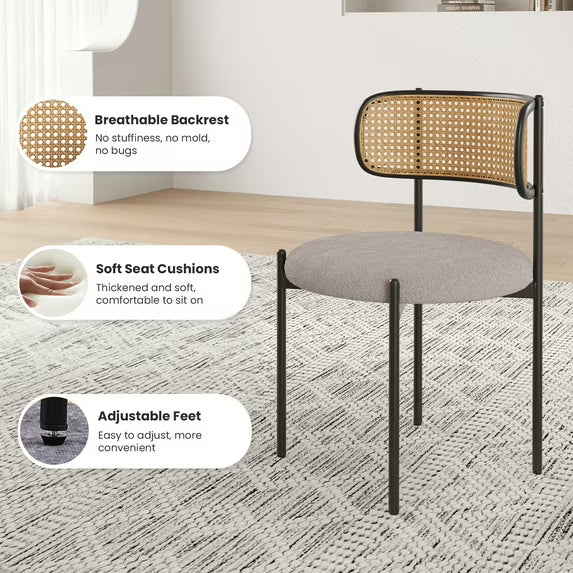 Farini Upholstered Dining Chair Set of 4, Rattan Backrest Kitchen Chair, Light Grey