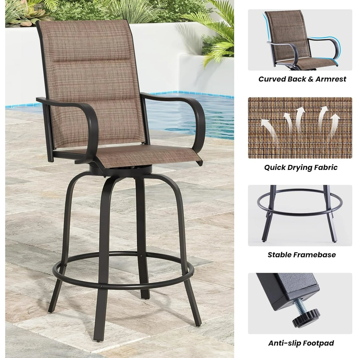 Farini Outdoor Bar Stools Set, 360°Swivel Patio Barstools with Textile Fabric,Ergonomic Comfort Bar Height Tall Outdoor Stools for Balcony