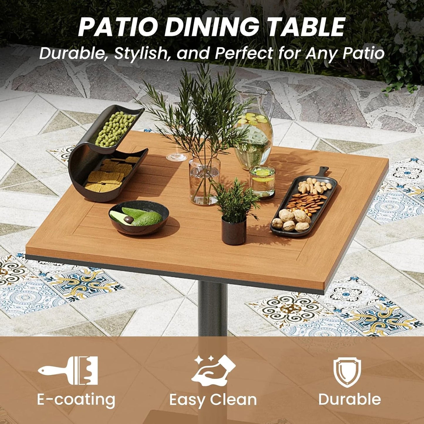 Farini Patio Furniture Table, Outdoor Dining Set of Patio Table, Plastic Wooden Top Outdoor Furniture Table for Lawn, Deck, Backyard, Poolside