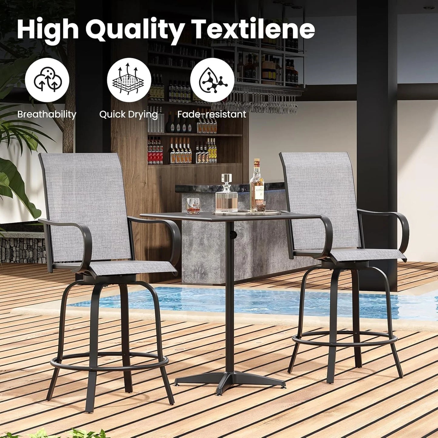 Farini Outdoor Bar Stools Set, 360°Swivel Patio Barstools with Textile Fabric,Ergonomic Comfort Bar Height Tall Outdoor Stools for Balcony