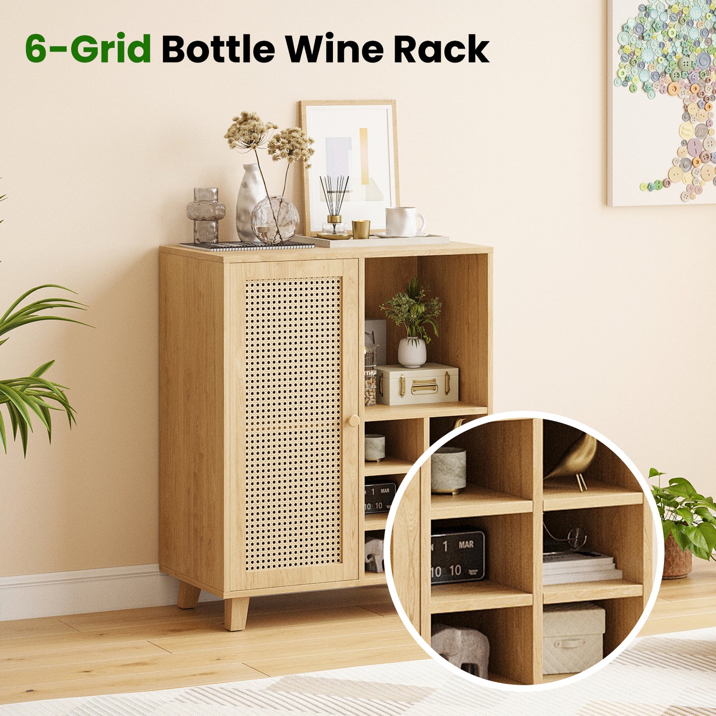 Farini Sideboard Buffet Cabinet, Bar Cabinet with Wine Racks and Adjustable Shelf for Kitchen, Living Room, Home Bar, Nature
